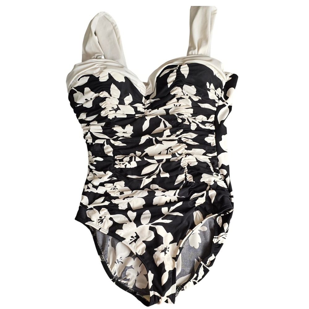 Miraclesuit One Piece Swimsuit Floral‎ Black White Ruched Tummy Control Medium